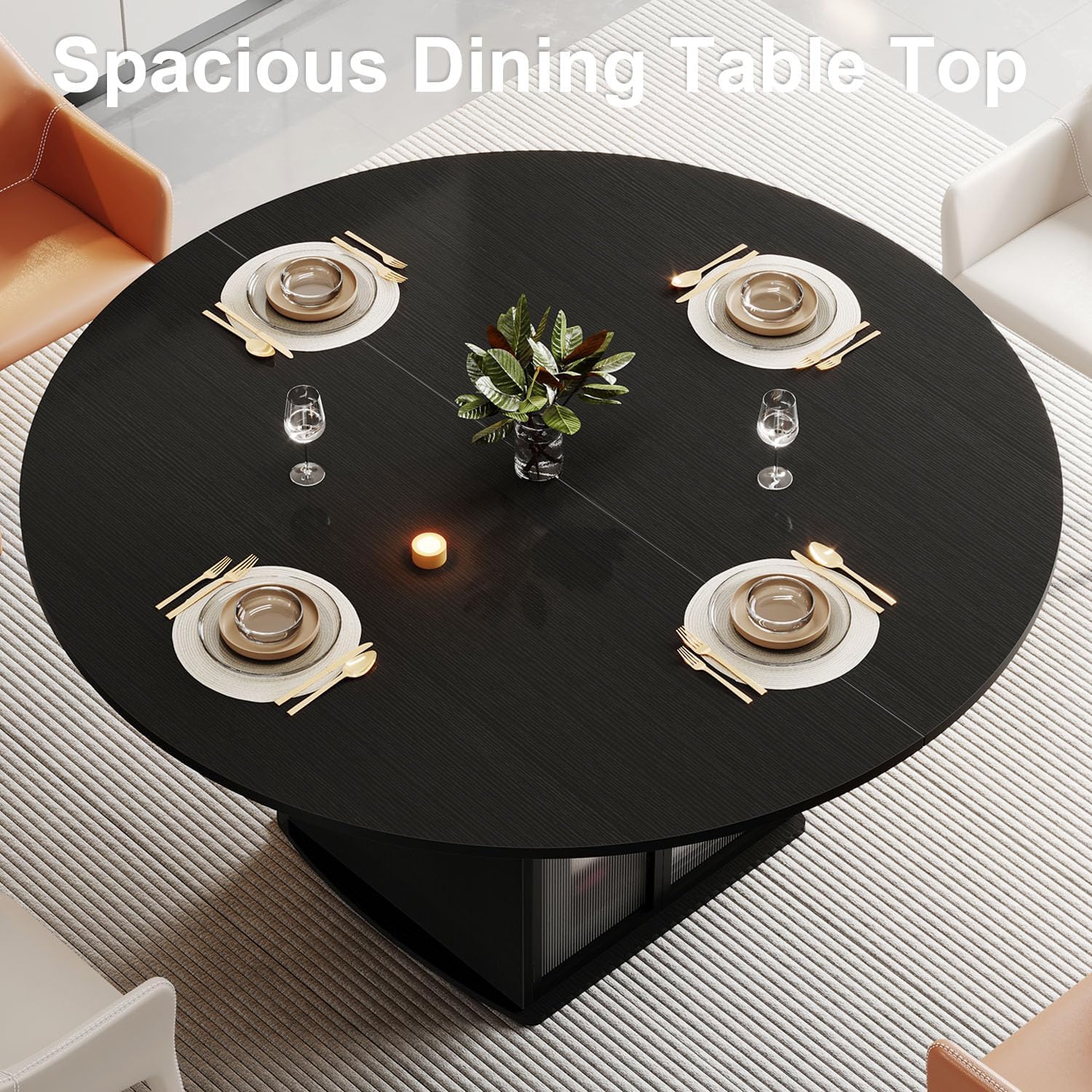 IBF Black Round Dining Table for 4-6, 47" Kitchen Table with Fridge Space, Modern Dining Room Tables with Storage, Industrial Wood Dinner Tables for Home Kitchen Living Room, Black Oak, Only Table