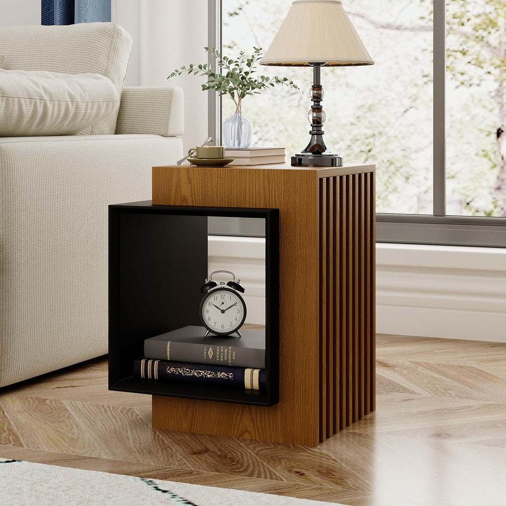 POVISON Minimalist Side Table,17.71" Wood End Table with Storage for Small Spaces,Nightstand for Living Room, Bedroom, Office,Rustic Brown and Classic Black