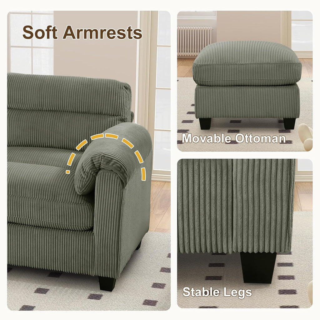HAOMARKETS Corduroy Sofa Set, Upholstered Ottoman Footrest, Modern Living Room Furniture Sets,Green