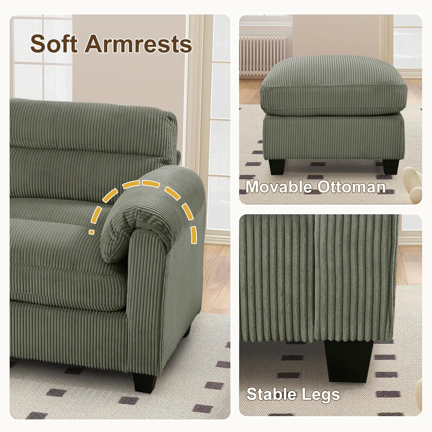 HAOMARKETS Corduroy Sofa Set, Upholstered Ottoman Footrest, Modern Living Room Furniture Sets,Green