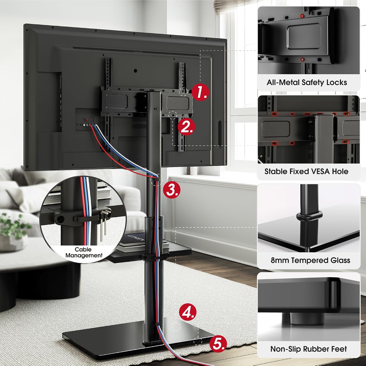 AOKCOS Floor TV Stand with 60-Degree Swivel, TV Floor Stand for 32-65 inch TVs up to 88lbs with Tilt, 8 Level Height Adjustable Tall TV Mount Stand with Shelf, Tempered Glass Base, MAX VESA 400x400mm
