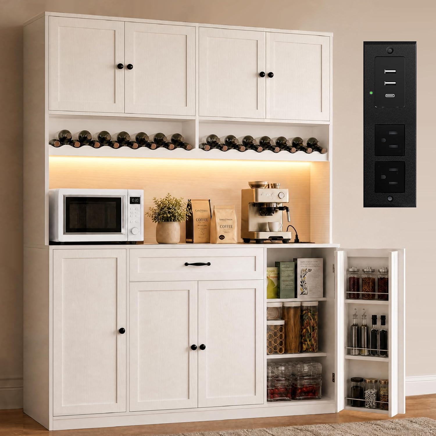 FJTJBSI 72" Tall Pantry Storage Cabinet with LED Light 55" Wide Kitchen Pantry Cabinet with Charging Station and Adjustable Shelves Modern Kitchen Hutch with Wine Rack and Large Countertop White
