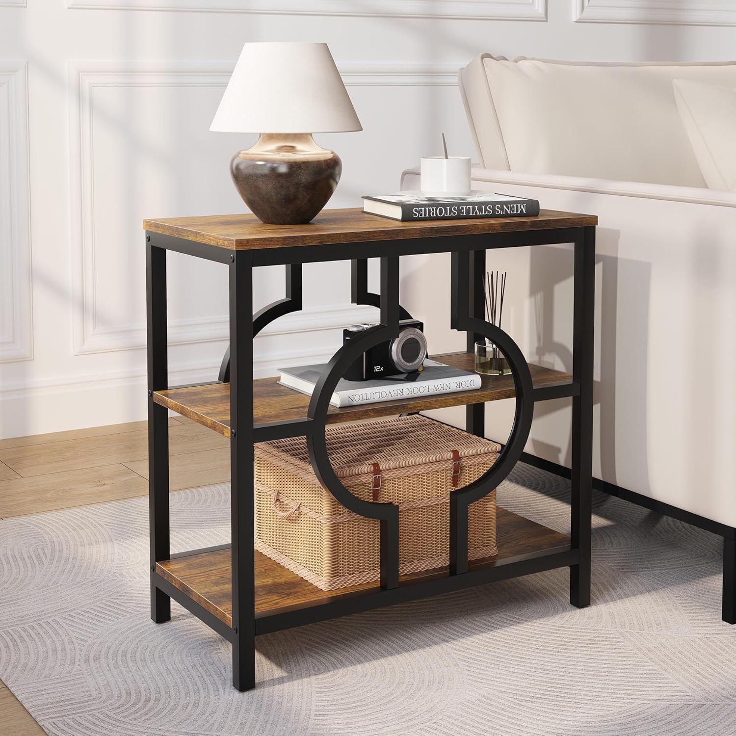 End Table, Narrow Side Table with 3-Tier Storage Shelves, Wood Sofa Side Table with Geometric Metal Frame for Living Room, Industrial Bedside Nightstand for Bedroom (1, Brown)