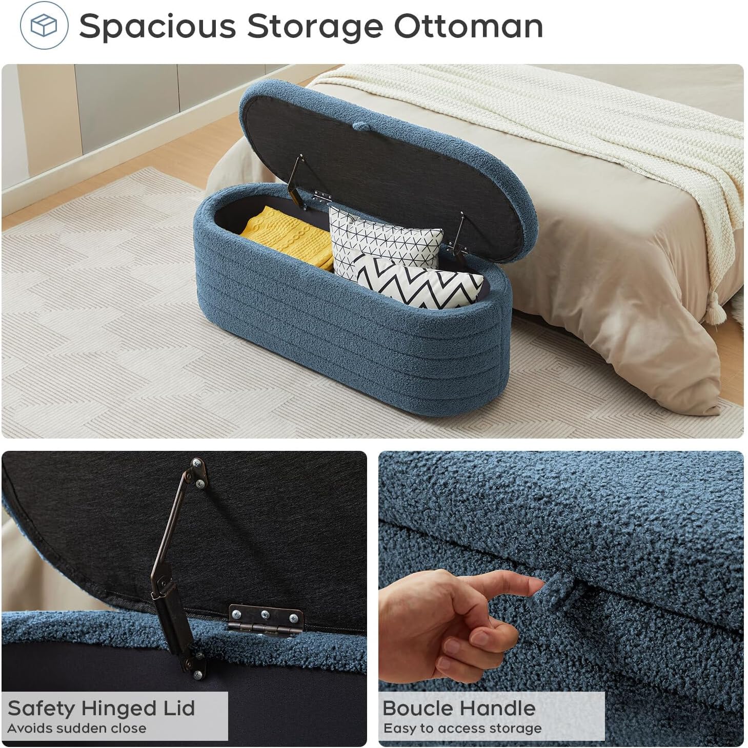 Storage Ottoman Bench End of Bed for Bedroom,45 inch Boucle Upholstered Entryway Shoe Seat Bench w/Storage,Sherpa Modern Padded Blanket Chest Stool Foot Rest for Living Room,Window Seating,Blue