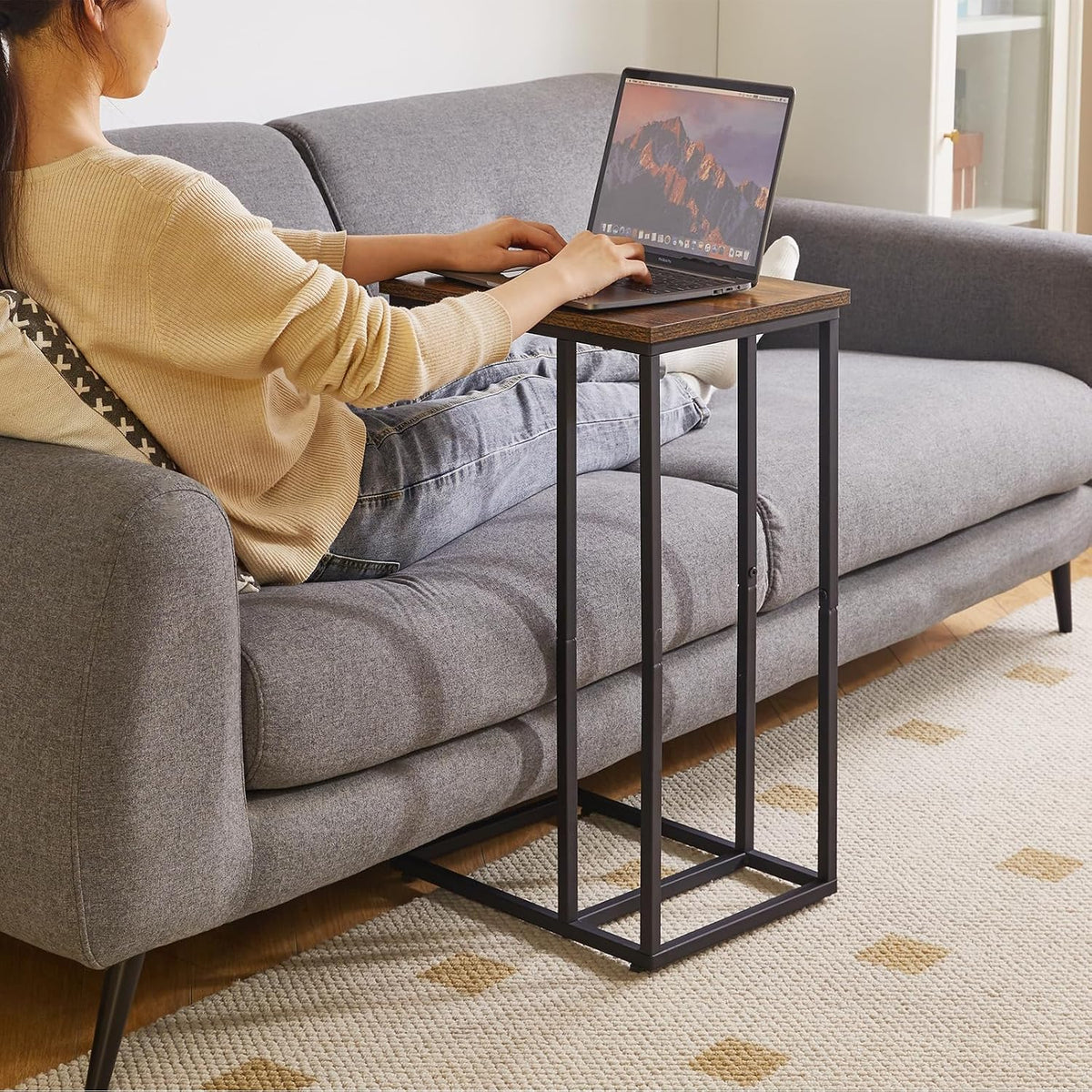 Aibiju Side Table Small End Table C Shaped, Slide Under Laptop Desk for Couch, Living Room Side Table, TV Trays for Eating on Couch, Rustic Brown+Black YD-TM051HB-2