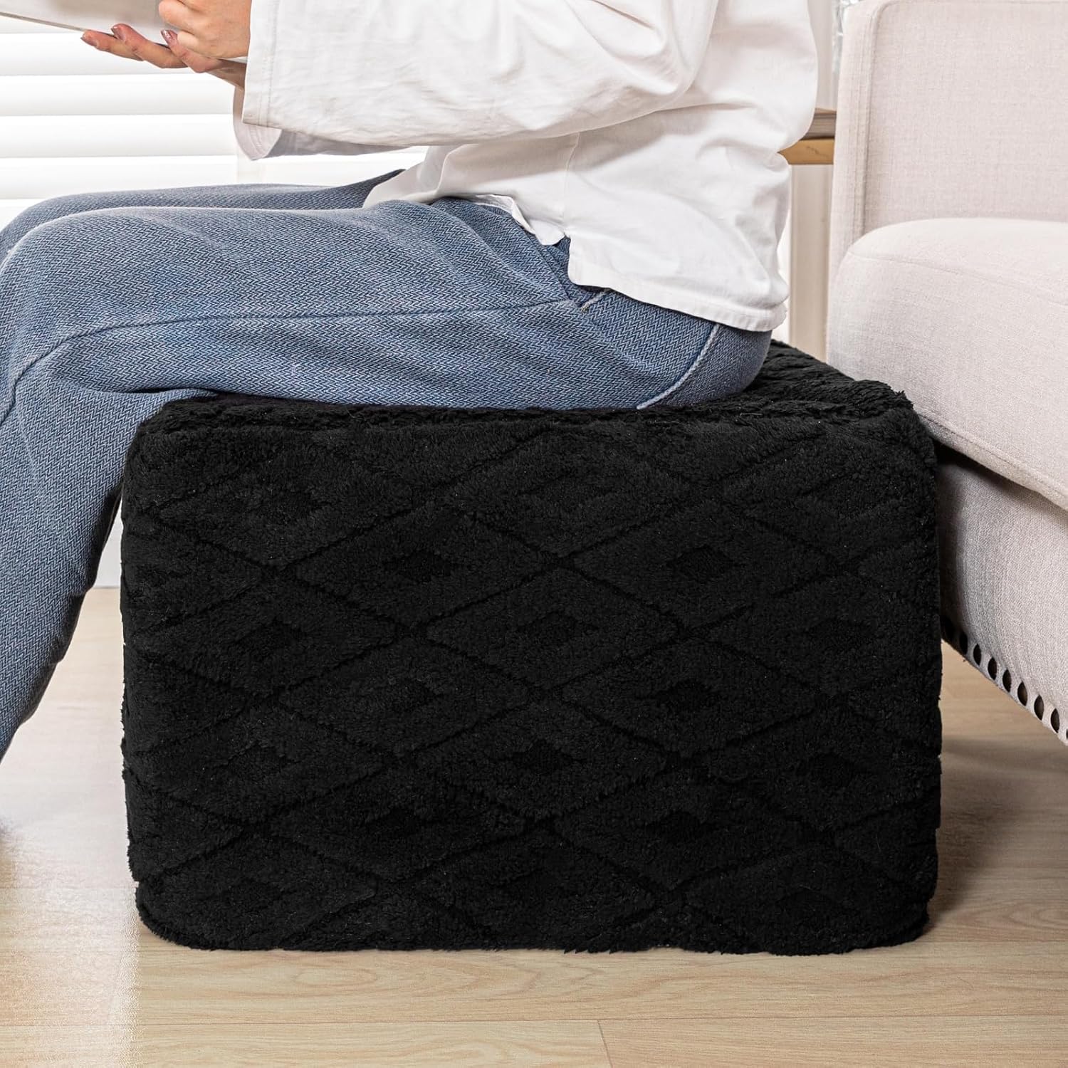 Fluffy Square Ottoman Pouf with All-in-One Foam Filling 20 x 14 Inches Furry Ottoman Foot Rest Foot Stool for Living Room or Bedroom (Black)