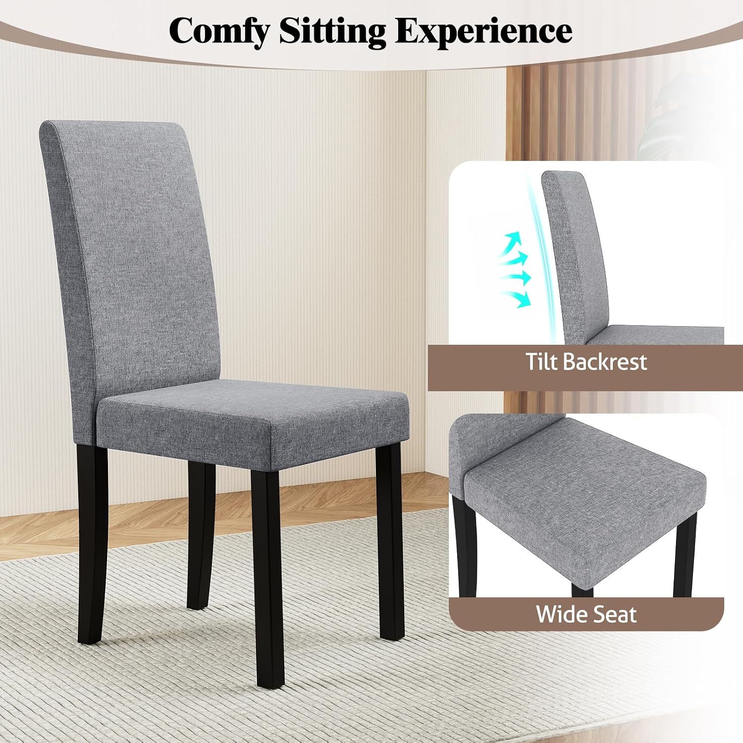 GOFLAME Upholstered Dining Chairs Set of 4, Fabric Kitchen Chairs with Padded Seat, Tilt Backrest, Rubber Wood Legs, Armless Side Chairs for Dining Room, Living Room, Restaurant, Light Gray