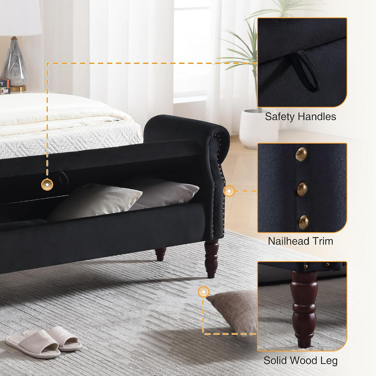 67" End of Bed Storage Bench King Size, Storage Bench for Bedroom, Velvet Bed Bench with Storage Upholstered Tufted Storage Ottoman Bench with Arms for Bedroom, Living Room, Entryway, Black