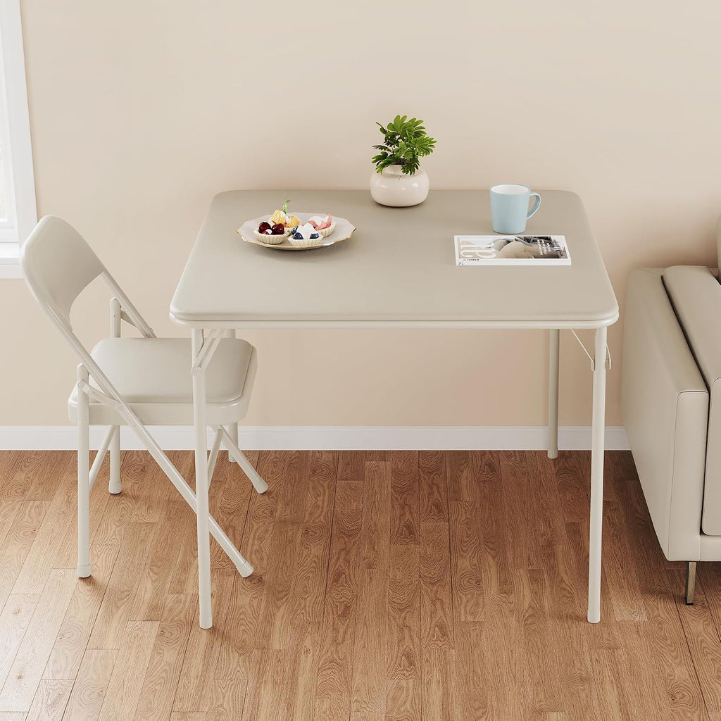 33.6'' Folding Square Card Table, Portable Card Table with Folding Legs & PU Leather Surface, Lightweight Foldable Puzzle Tables for Dining Room, Living Room, Office, Camping, Beige(Table Only)