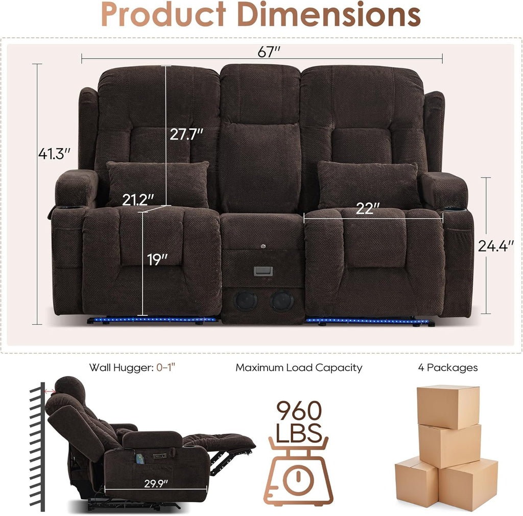 TUNYI Wall Hugger Loveseat Recliner Sofa with Console, Power Reclining Loveseat RV Couch with Massage & Heat/USB/Outlet/Storage/LED Light/Speaker (Brown, 2 Seat with Console)