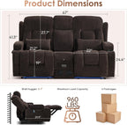 TUNYI Wall Hugger Loveseat Recliner Sofa with Console, Power Reclining Loveseat RV Couch with Massage & Heat/USB/Outlet/Storage/LED Light/Speaker (Brown, 2 Seat with Console)