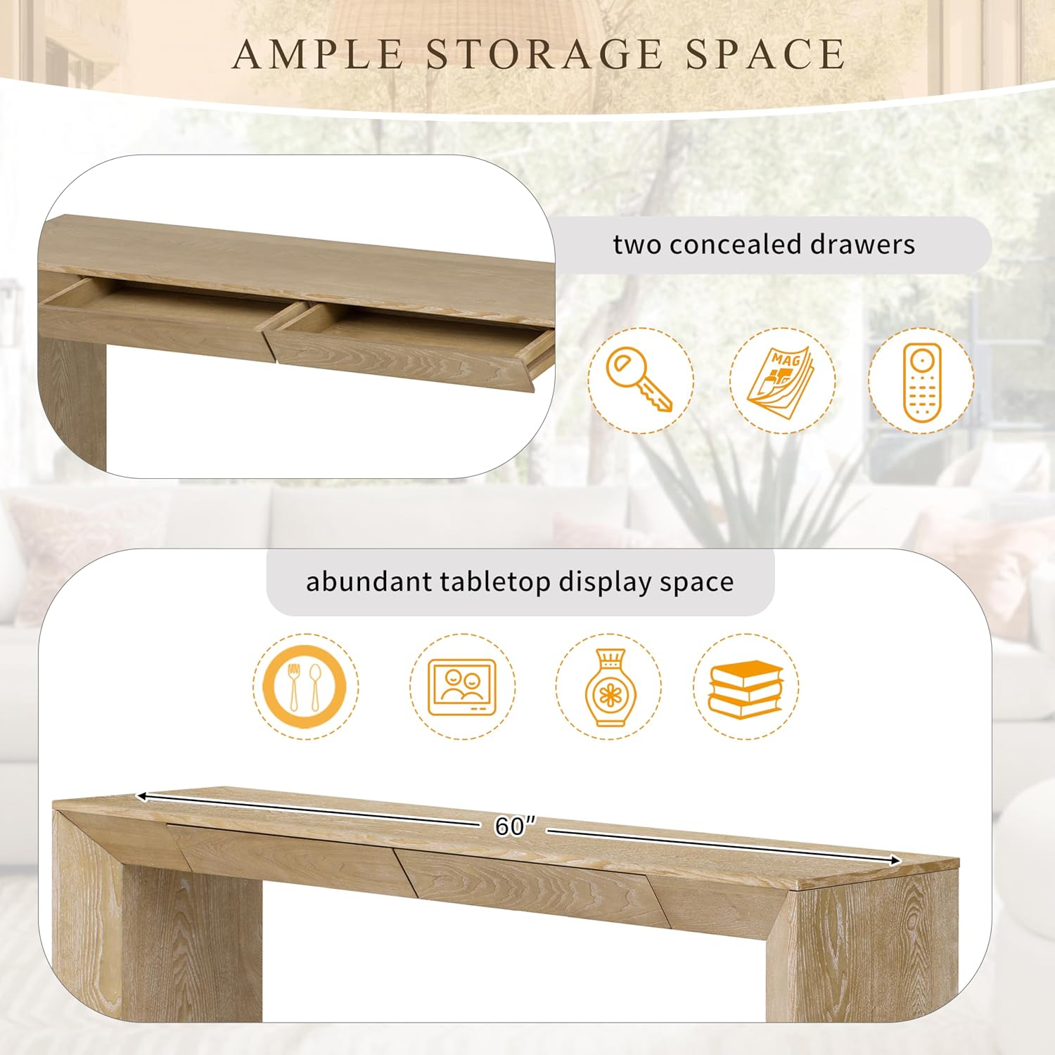 Merax Modern Entryway Table with 2 Concealed Drawers, Natural | Long Farmhouse Console Table with Thickened Legs, Sofa Table Behind Couch, Waterfall Design, for Living Room Hallway
