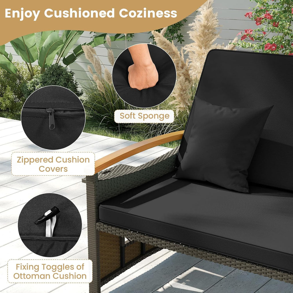 COSTWAY Patio Rattan Daybed, Outdoor Loveseat Sofa with Storage Ottoman, 4-Level Adjustable Backrest & Acacia Wood Armrest, Outdoor Wicker Daybed with Side Panels for Yard, Deck, Poolside (Black)