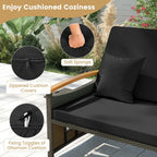 COSTWAY Patio Rattan Daybed, Outdoor Loveseat Sofa with Storage Ottoman, 4-Level Adjustable Backrest & Acacia Wood Armrest, Outdoor Wicker Daybed with Side Panels for Yard, Deck, Poolside (Black)