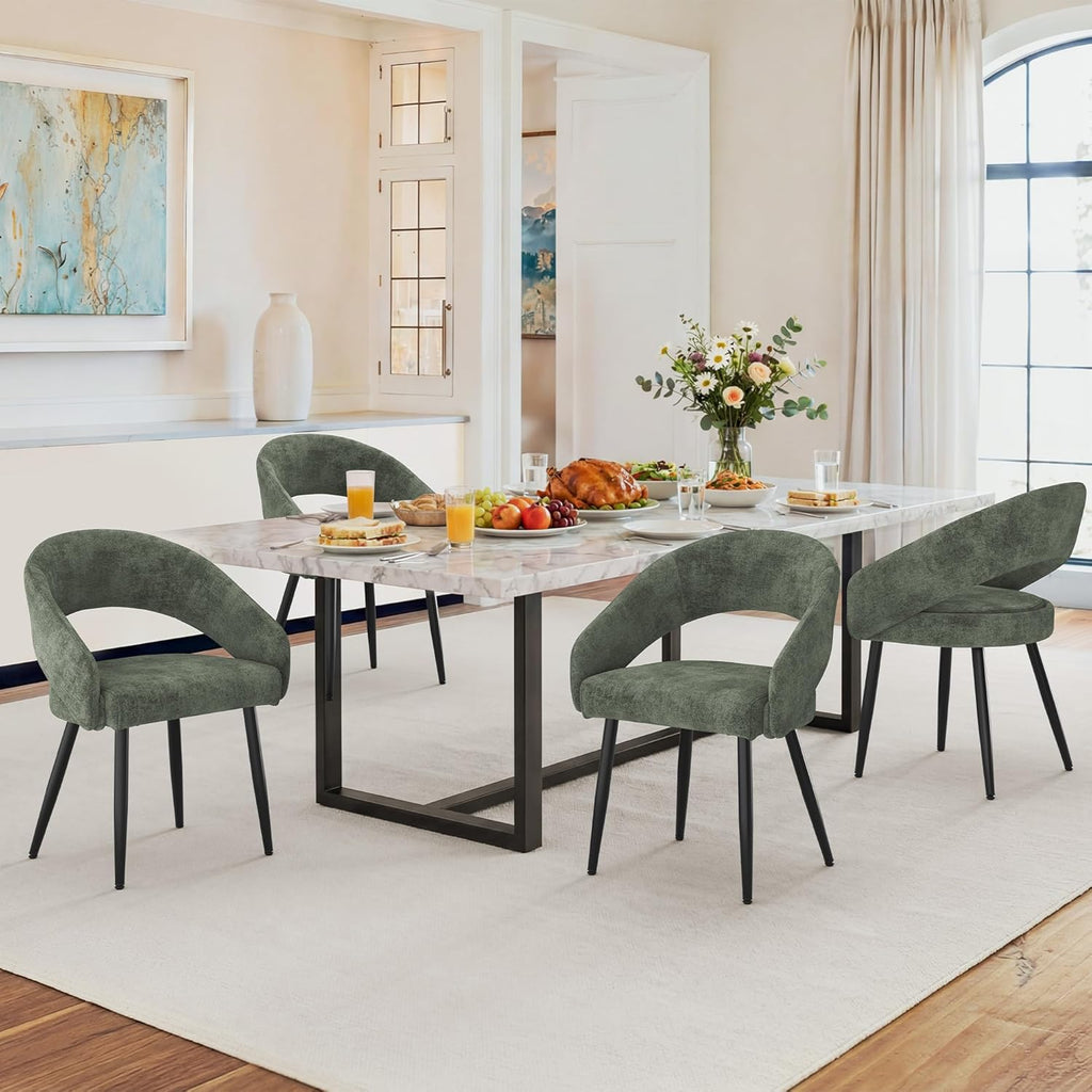 LUE BONA Modern Dining Chairs Set of 4, Upholstered Armrest Side Chairs for Kitchen & Dining Room, 18.5" Seat Height, Comfortable Curved Hollow Backrest, Black Metal Legs, Easy Assembly, Grayish Green