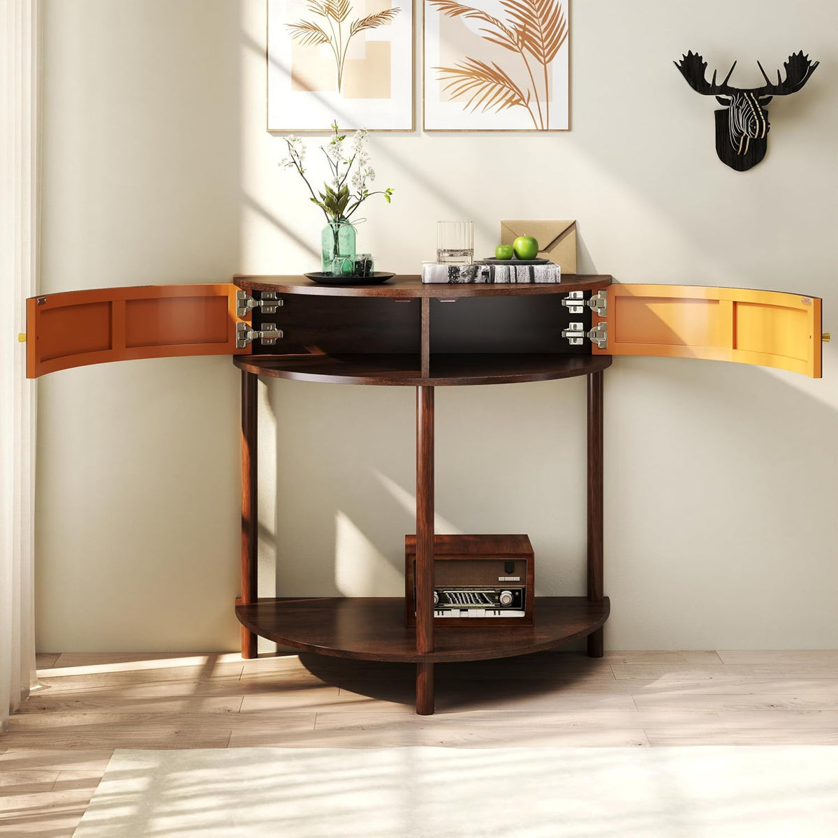 Knocbel Half Moon Console Table with Wave-Pattern Door, Semi-Circle Sofa End Table with 2 Storage Drawers and Bottom Shelf for Entryway Living Room, 31.5" W x 15.75" D x 32.3" H, Brown