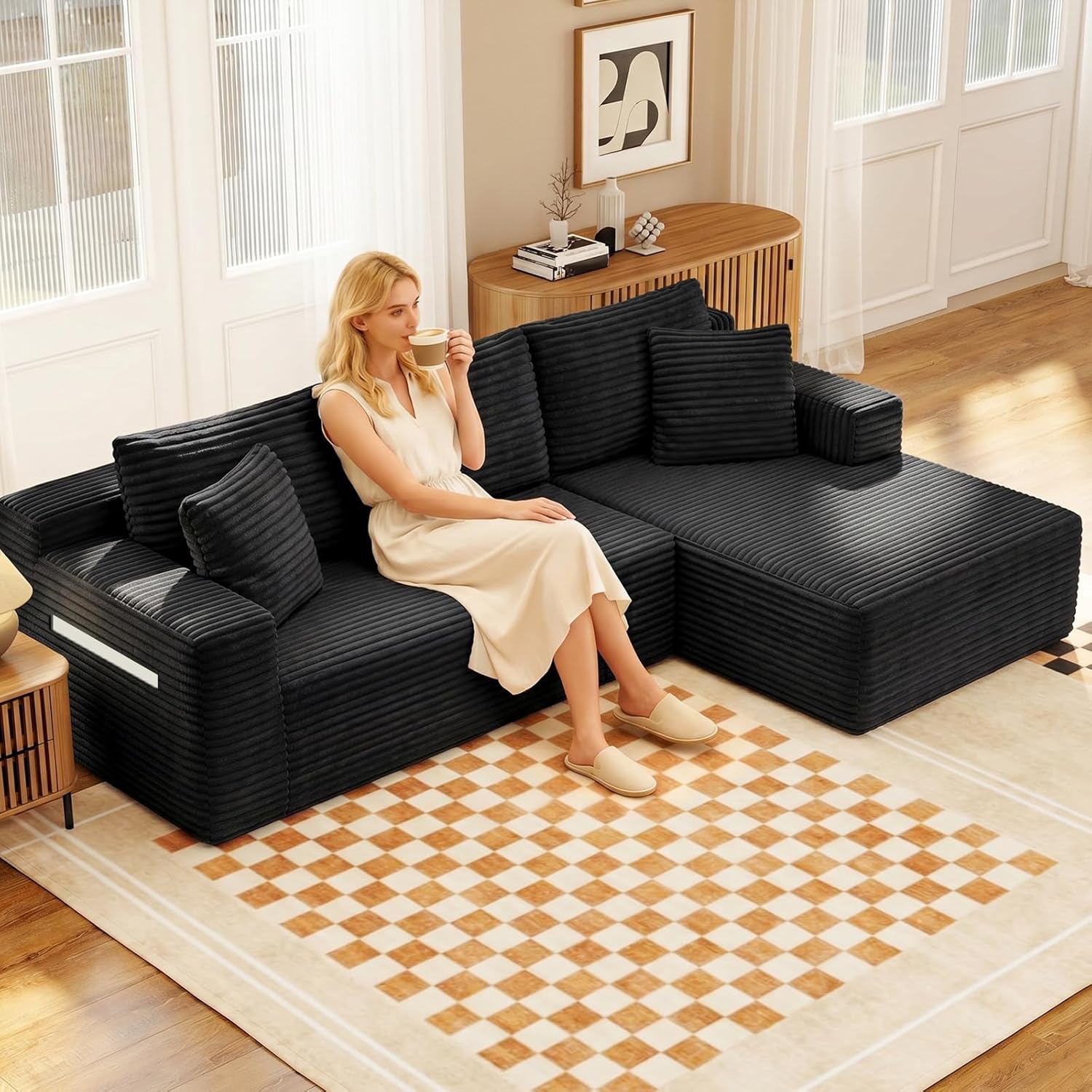 94.5" L-Shaped Cloud Sectional Couch for Living Room, Modern Minimalist Upholstered Sofa,Corduroy Fabric Modular Sectional Sofa with Chaise, No Assembly Required (Black, Right)