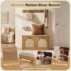 Rattan Narrow Entryway Bench with Shoe Storage, 2 Flip Drawers & Coat Rack, Mid-Century Modern Wood Shoe Cabinet with Seat Cushion for Foyer/Hallway (Rustic Oak Rattan)