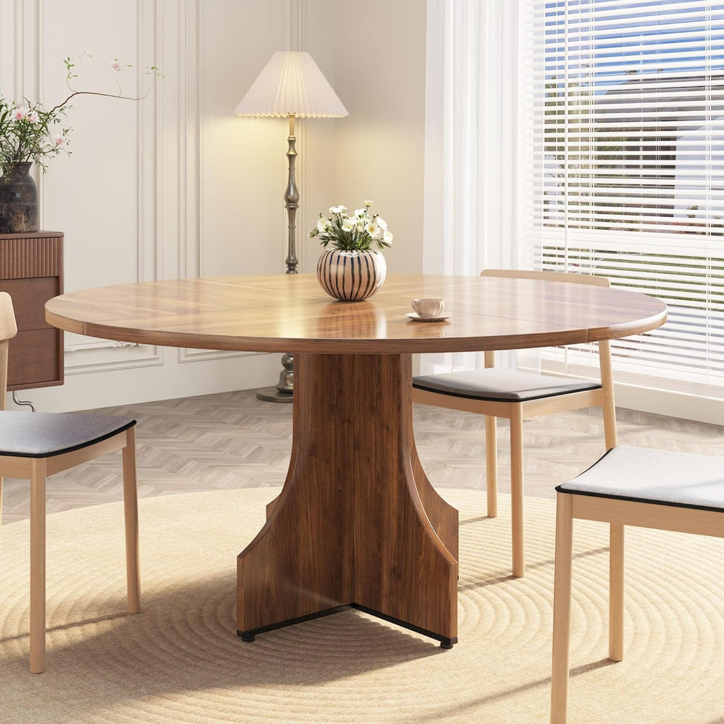 Round Dining Table 47 Inch for 4-6 People, 0.98 Inch Thick Tabletop with Adjustable Feet, Sturdy Legs, Easy to Clean & Assemble, Modern Kitchen Dining Room Table for Small Space Apartment, Walnut Wood