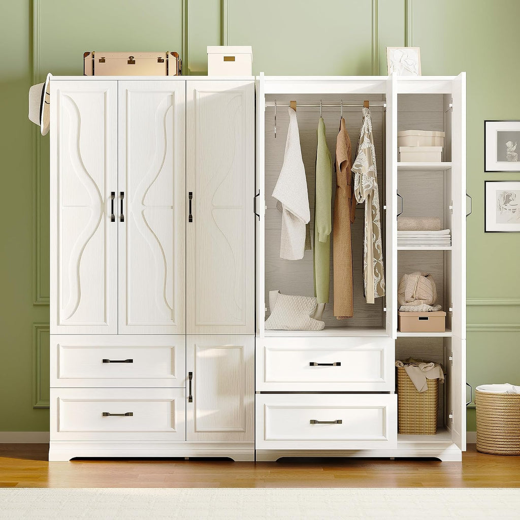 LIKIMIO Armoire Wardrobe Closet with 4 Doors and Drawers, White | Wardrobe Cabinet with Storage Shelves and Side Hooks, Clothing Storage Cabinet for Bedroom