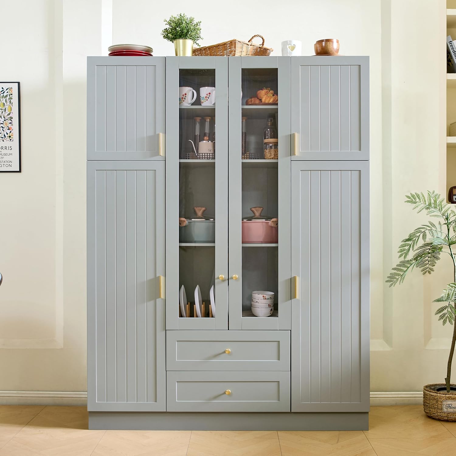 71" H Large Kitchen Pantry with 6 Doors, 53.2" L x 17.7" W Wooden Cupboard with Drawers, Pull-Out Trays, Wine Rack and Adjustable Shelves for Dining Room, Gray-Green