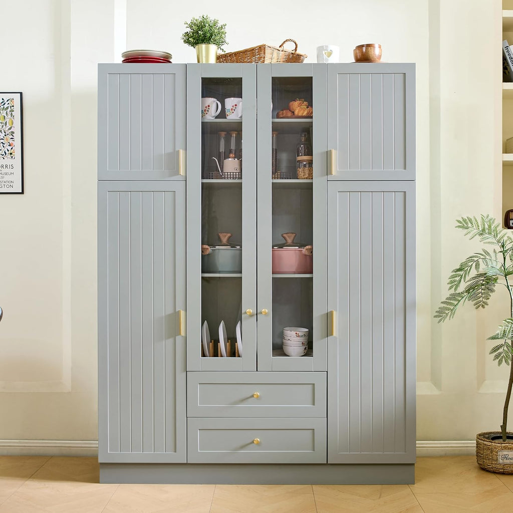 Virubi Modern Large Kitchen Pantry with 6 Doors, 53.2" L x 17.7" W Storage Cabinet - Adjustable Shelves, Pull-Out Trays, Wine Rack & Drawers for Dining Room/Kitchen Organization (Green)