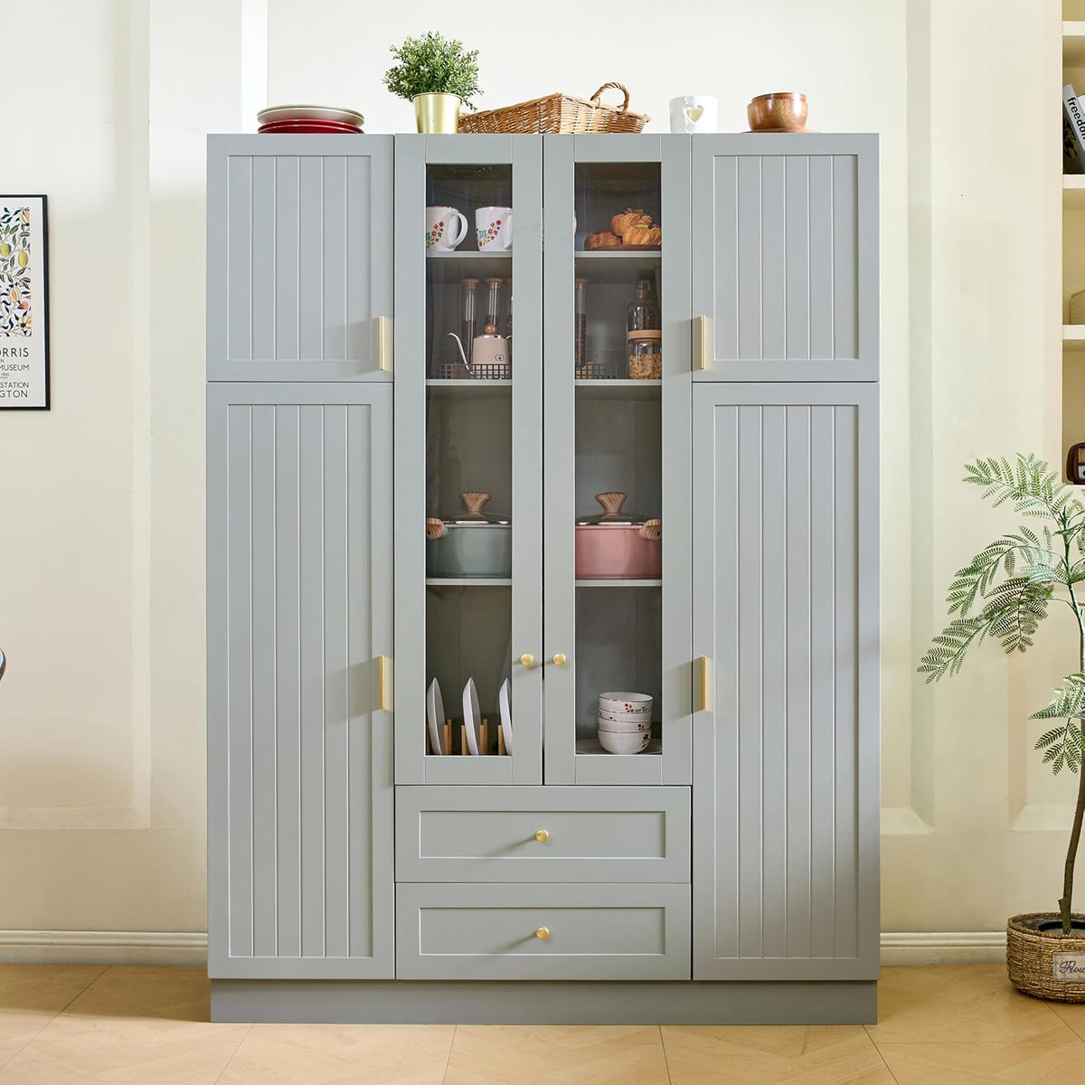 Virubi Modern Large Kitchen Pantry with 6 Doors, 53.2" L x 17.7" W Storage Cabinet - Adjustable Shelves, Pull-Out Trays, Wine Rack & Drawers for Dining Room/Kitchen Organization (Green)