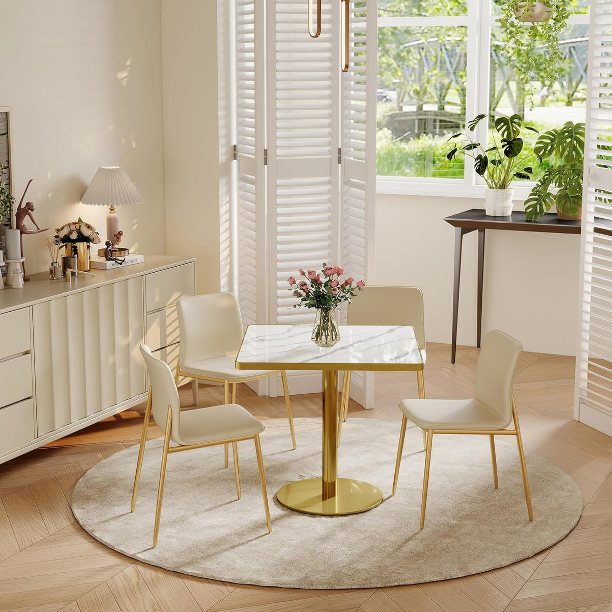 31.5'' Square Modern Dinning Table with Sintered Stone Tabletop, Golden Edge & Pedestal Base, Bistro Tulip Table for 2-4 Person for Dining Room/Cafe/Small Spaces/Restaurant (Snow Peak Marble)