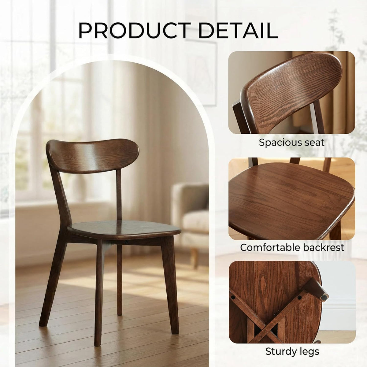 Solid Wood Dining Chairs Mid Century Modern Kitchen Chairs Set of 6 | Rounded Curved Backrest, Wide Comfortable Seat, Ergonomic Support, Easy Clean Wood Finish, Multiple Set Options,Walnut Color
