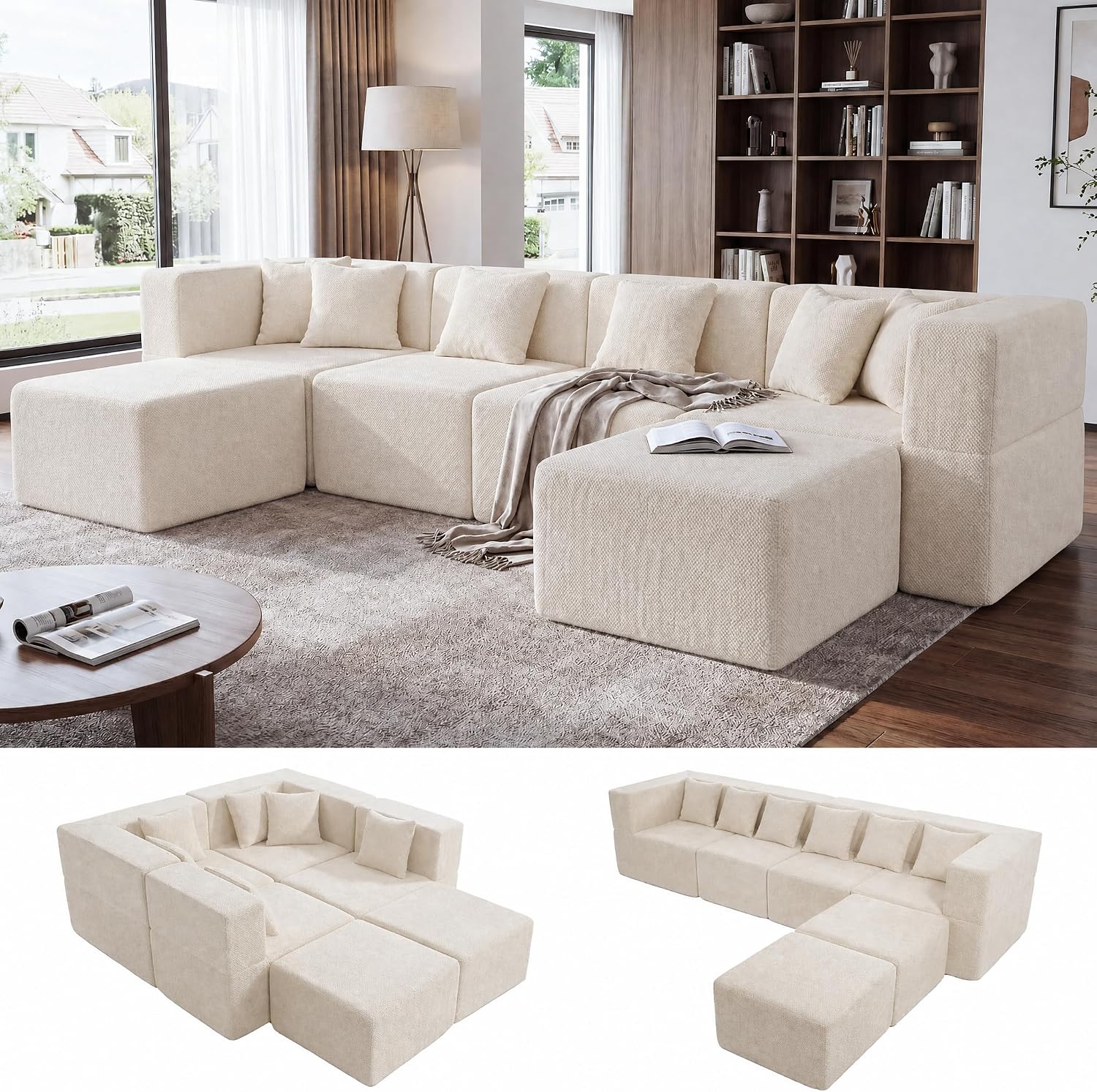 MONVANE U Shaped Sectional Couch Oversized, Chenille, Beige | 6-Seat Sectional Couch for Living Room, Modular Cloud Sofa with Ottoman & 6 Throw Pillows, No Assembly Required