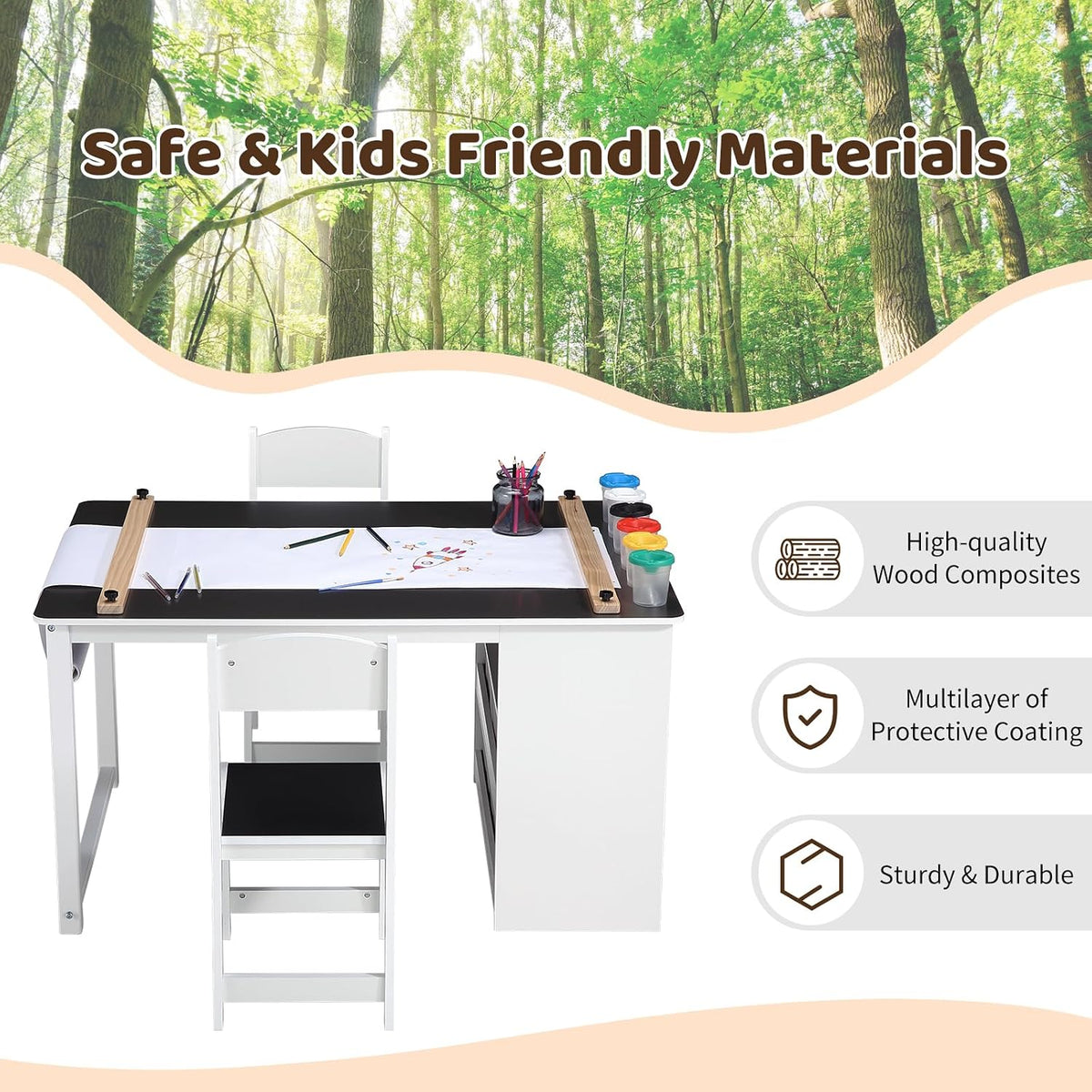 IDEALHOUSE 4-in-1 Kids Art & Study Table Chair Set, Multifunctional Toddler Wooden Activity Desk with Storage Bins, Paper Roll & Organizer for Crafts, Drawing, Learning and Play | Multifunctional Toddler Wooden Activity Desk with Storage Bins, Paper Roll