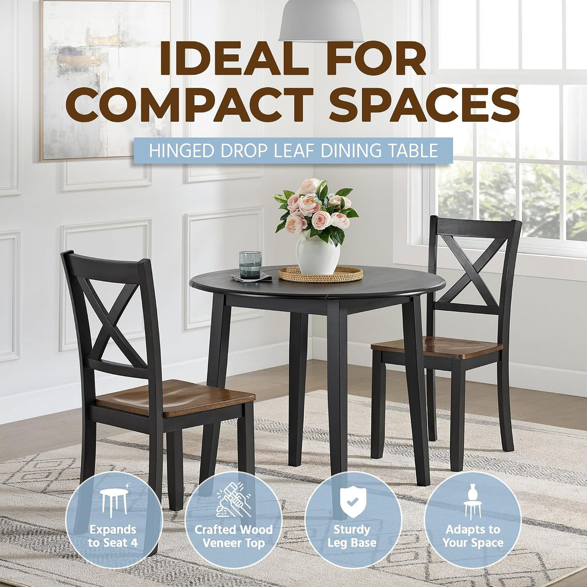 ROME + OAK Hinged Drop Leaf Dining Table, 22-36 Inch Round Tabletop with Sturdy Base, Black - Modern Solid Wooden Furniture Piece for Home