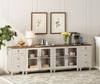 WAMPAT Sideboard Buffet Cabinets with 4-Glass Door, Kitchen Storage Cabinets with Charging Station, Wood Coffee Bar Table with Adjustable Shelf & 2 Drawers for Dining Room, Living Room, Rustic White