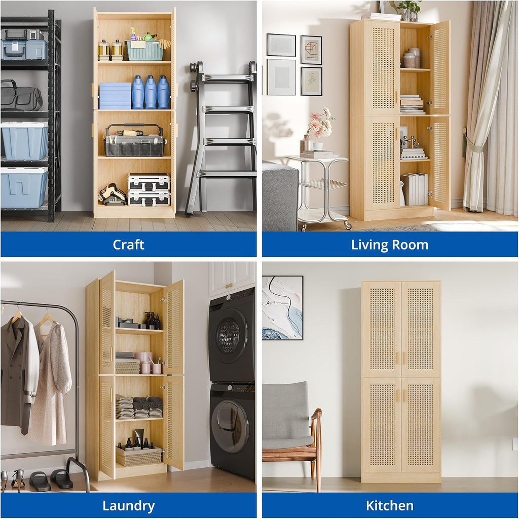 Cozy Castle Kitchen Pantry Cabinet, 71" Tall Rattan Doors Storage Cabinet and Adjustable Shelves, Modern Farmhouse Wood Cupboard Utility Hutch for Kitchen, Dining Room, Living Room (Oak)