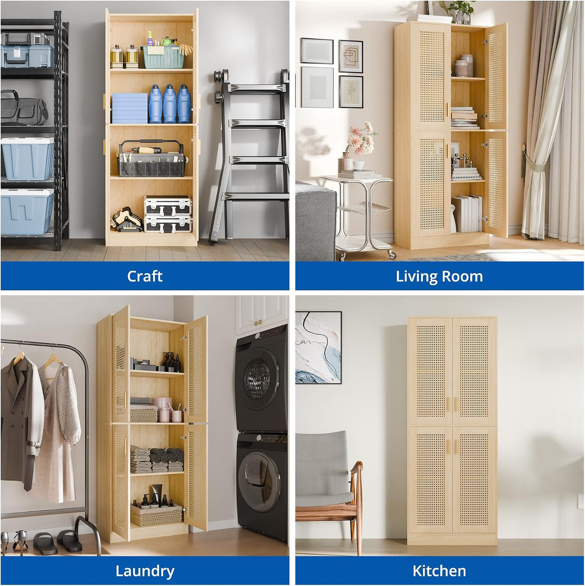Cozy Castle Kitchen Pantry Cabinet, 71" Tall Rattan Doors Storage Cabinet and Adjustable Shelves, Modern Farmhouse Wood Cupboard Utility Hutch for Kitchen, Dining Room, Living Room (Oak)