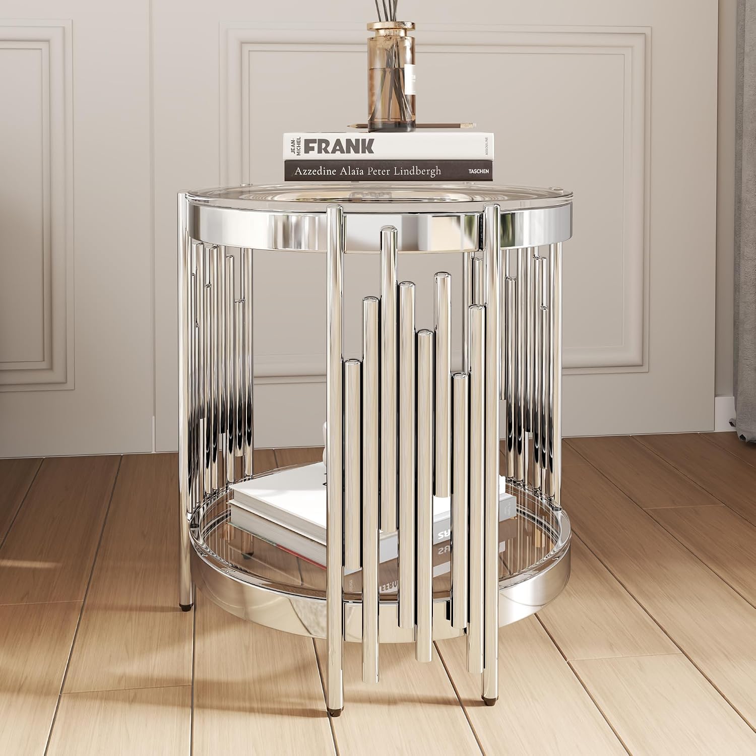 2 Tier Glass End Table with Storage, Round-Shaped Stainless Steel Side Table with Tempered Glass Top, Modern Accent Table for Living Room, Bedroom, Easy Assembly, Silver/Clear