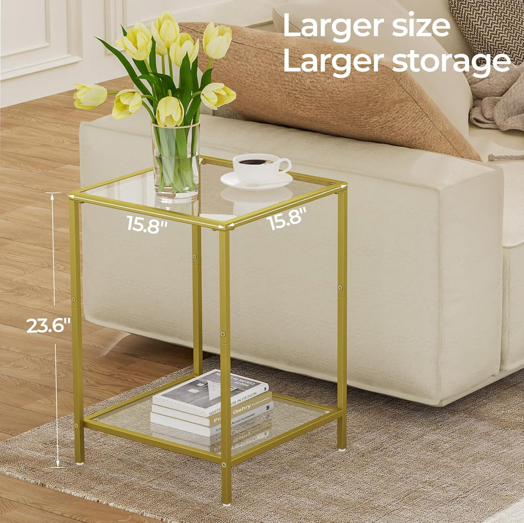 3-Piece Living Room Table Set, Glass Coffee Table with 2 Side Tables, Modern Rectangular Center Table & Square End Tables with Storage Shelves, Golden Metal Frame, Easy Assembly
