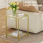 3-Piece Living Room Table Set, Glass Coffee Table with 2 Side Tables, Modern Rectangular Center Table & Square End Tables with Storage Shelves, Golden Metal Frame, Easy Assembly