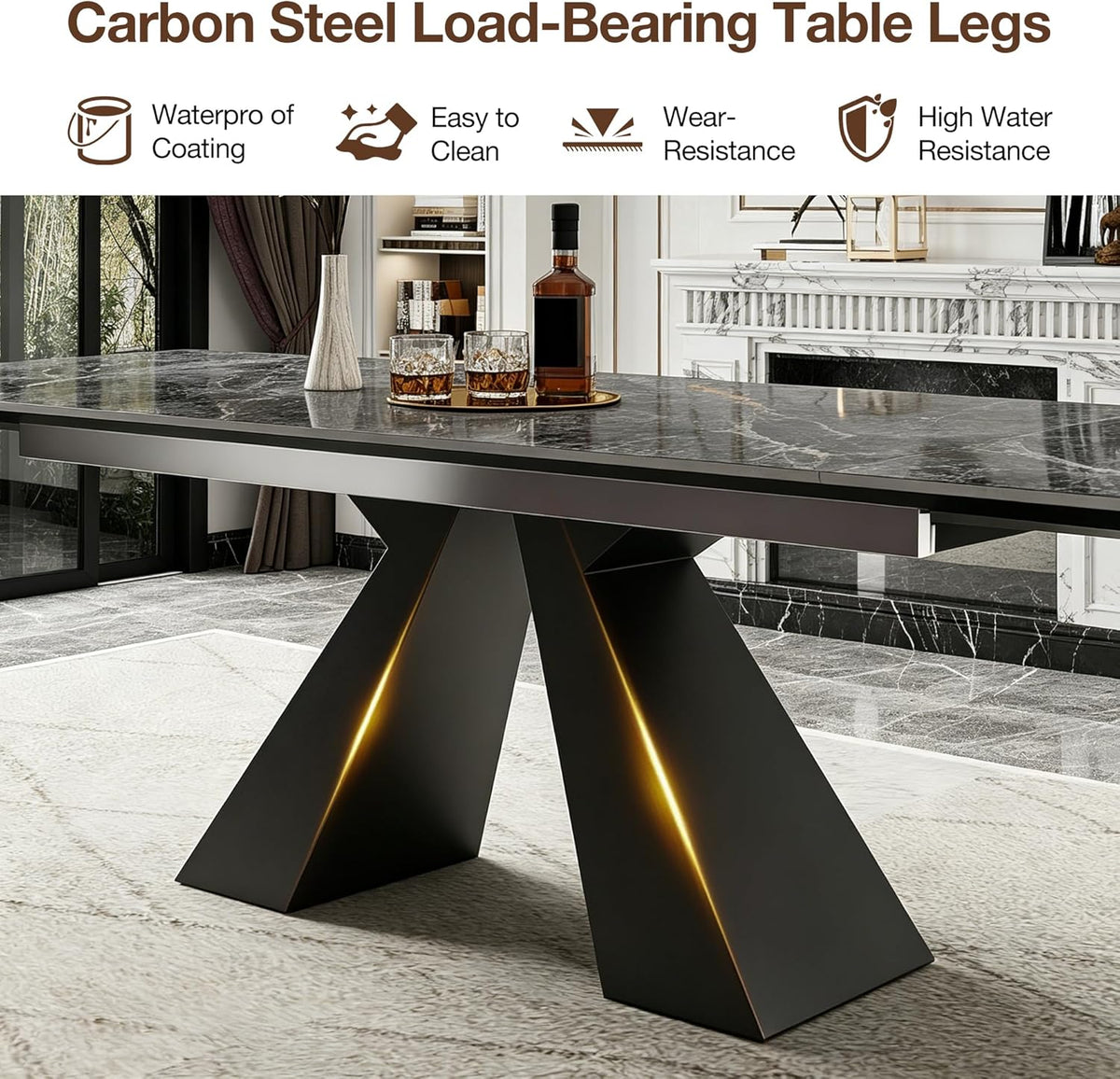 Telescoping Faux Marble Table 63-94.49" Adjustable Length 8-10 People Heavy Duty Carbon Steel Base for Kitchen Dining Room Family Party (62.99''-94.48'' Bonnes)