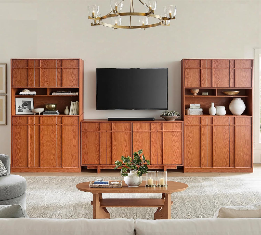 72" Pantry Cabinet, Tall Kitchen Pantry Storage Cabinet with Countertop, Adjustable Shelves, Mid Century Modern Wooden Kitchen Hutch with Skeleton Lines for Living Room, Dining Room, Cherry