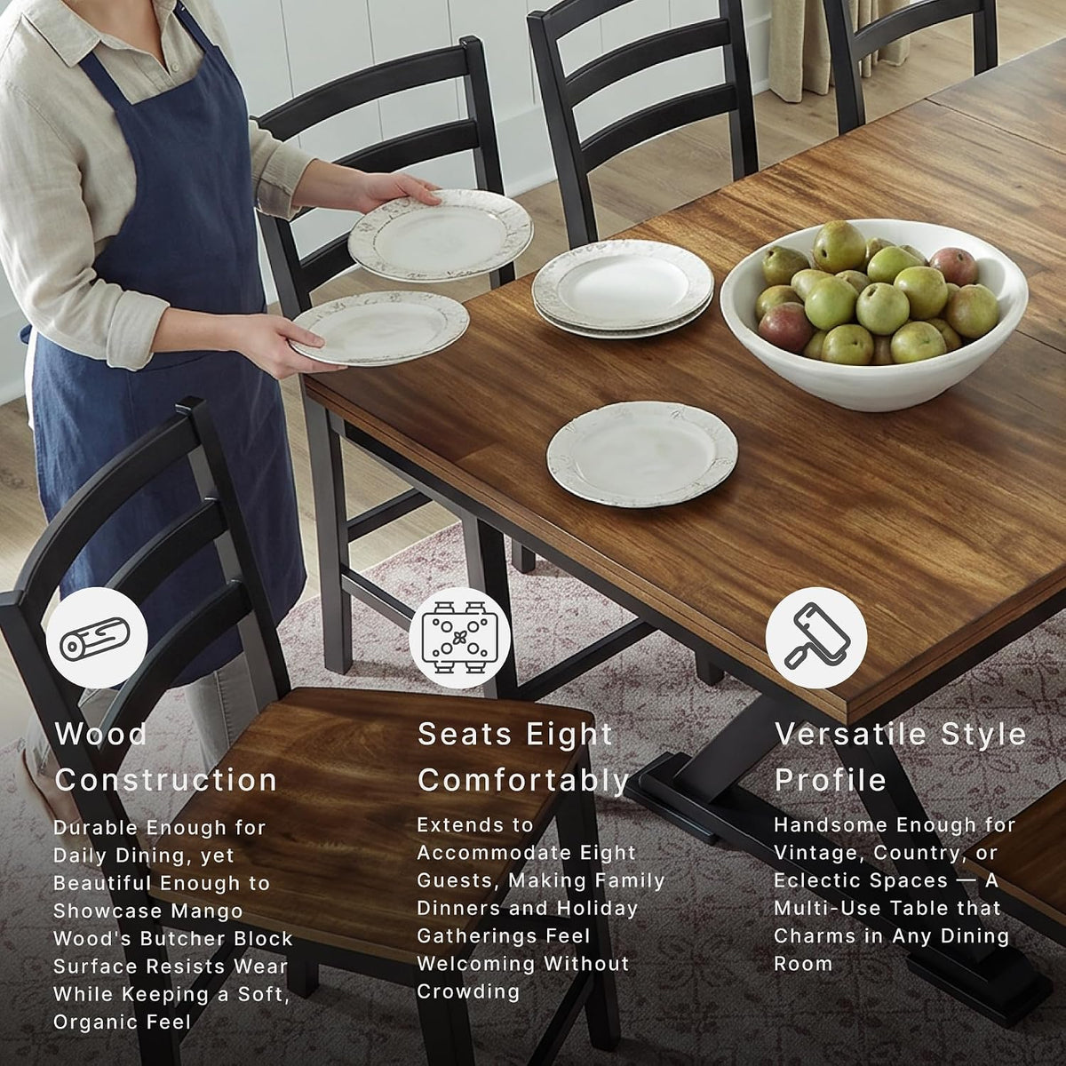 Signature Design by Ashley Wildenauer Extendable Dining Table, Farmhouse | Hardwood solids, Mango wood veneer, MDF substrate, Trestle base, Self-storing butterfly leaf, Seats 8, 60 to 78 inch length