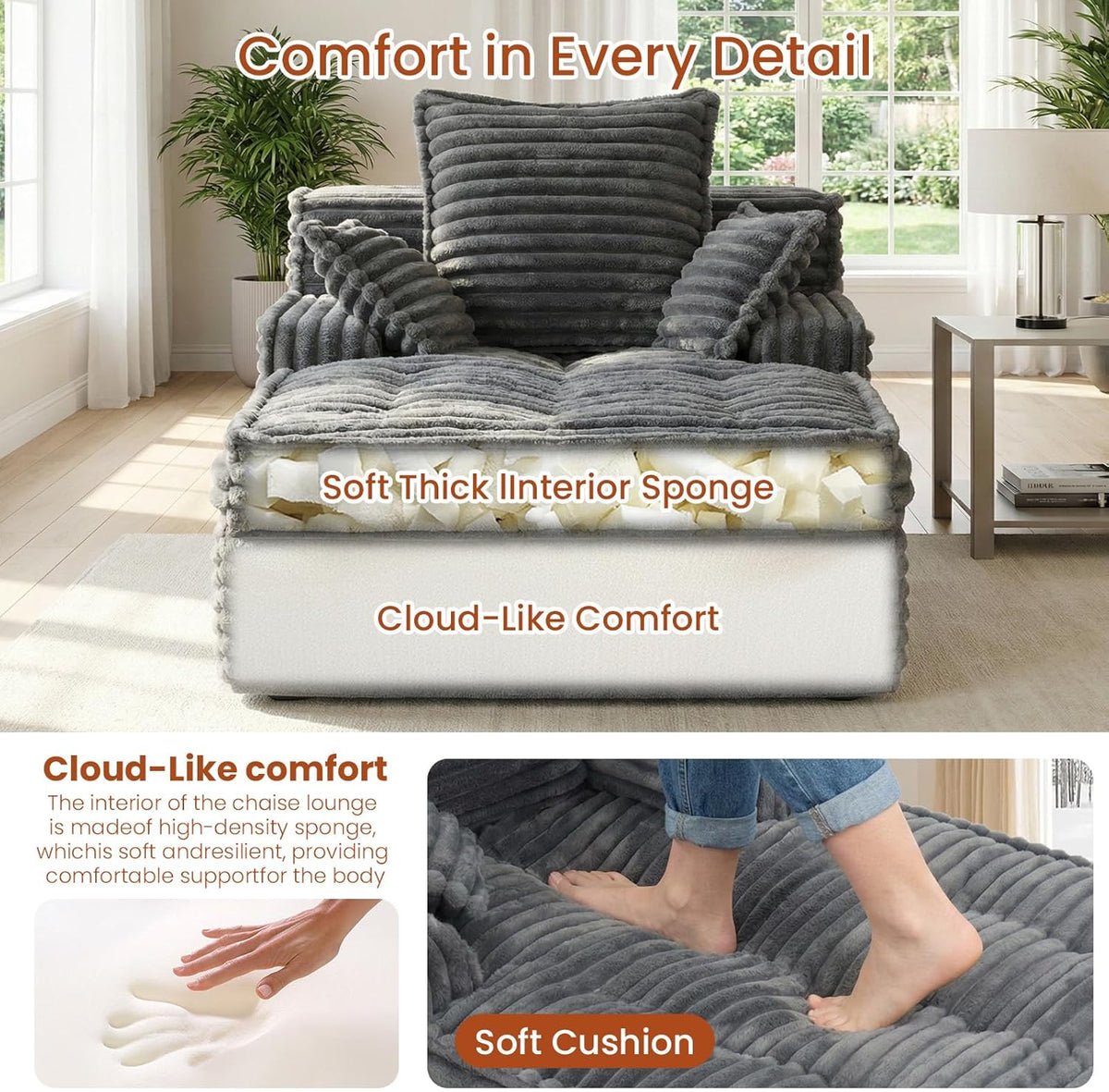 Chaise Lounge Chair Indoor, Top Fixed-Point Comfort Layer Couch, 57'' Cloud Corduroy Sofa Bed, Block + Crumb Foam Construction, Deep Seat Reading Chair with 3 Pillows, No Assembly