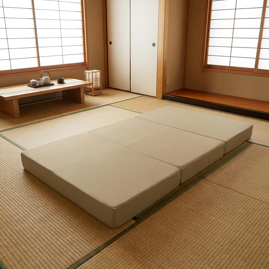 D&D Futon Furniture Tan Trifold Foam Beds, Shikibuton, Tatami Cushion Topper, Foldable Futon Pad, Twin 6x39x75