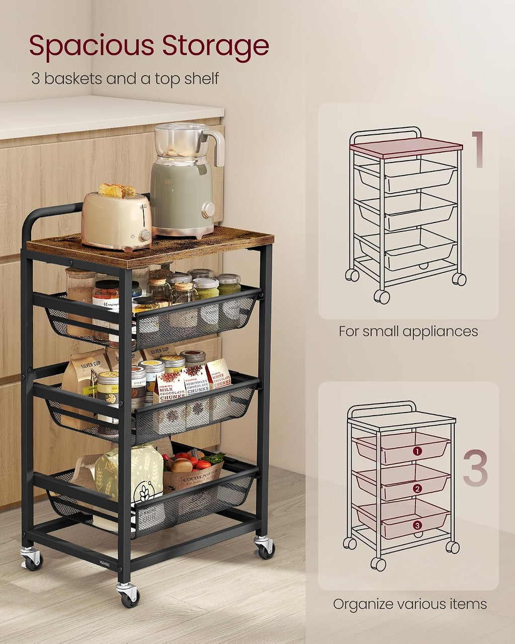 VASAGLE 4-Tier Storage Rolling Cart Organizer with Pull-Out Baskets | Utility Cart with Wheels, Handle, 12.5 x 15.8 x 29.9 Inches, Rustic Brown and Matte Black, DACEY Collection ULRC040K01
