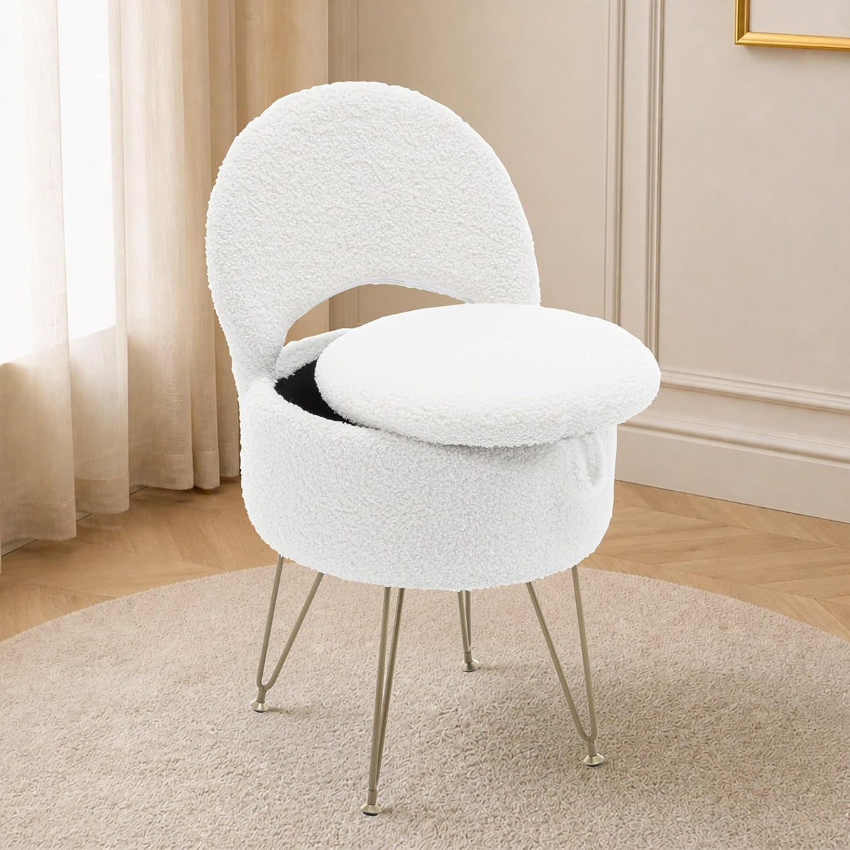 Korser Vanity Stool Chair with Storage and Folding Back, 13"x13"x27.6" Round Faux Fur Comfy Ottoman, 4 Metal Legs with Anti-Slip Feet, Makeup Chair for Living Room, Bedroom, Dressing Room