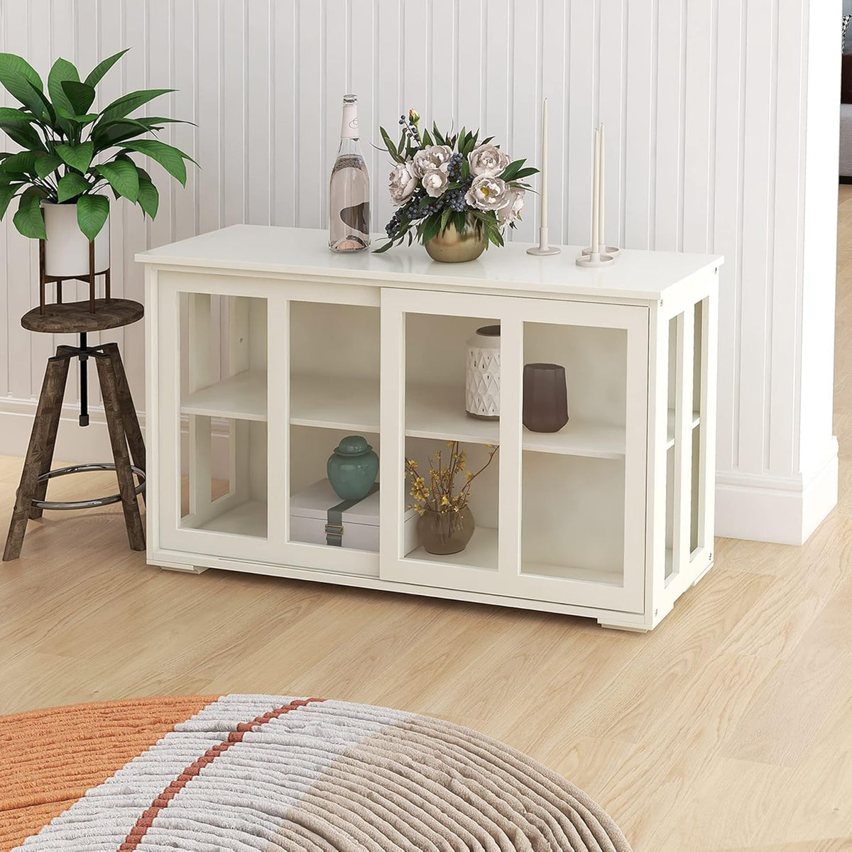 White Sideboard Buffet Cabinet with Sliding Glass Doors, Storage Credenza with Adjustable Shelves, Kitchen Pantry Cupboard Console Cabinet for Dining Room Living Room Entryway