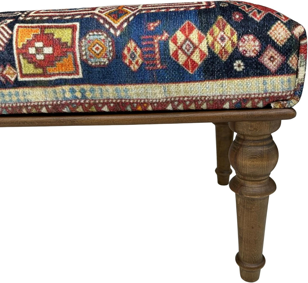 Animal Print Rug Upholstered Ottoman, Boho Piano Bench, Decorative Wood Bench, Farmhouse Bench, Red Blue Entry Bench, Kitchen Dining Bench, Footstool (18x18x36, Red-Blue)