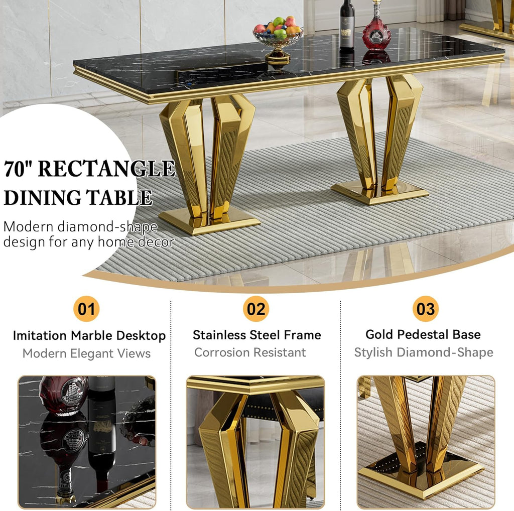 68" Faux Marble Dining Table Set for 6, Black Gold Dining Room Table with Stainless Steel Pedestal & 6 Black Velvet Dining Chairs, Modern Kitchen Table Chairs Set of 6, Luxury 7 Piece Dining Sets