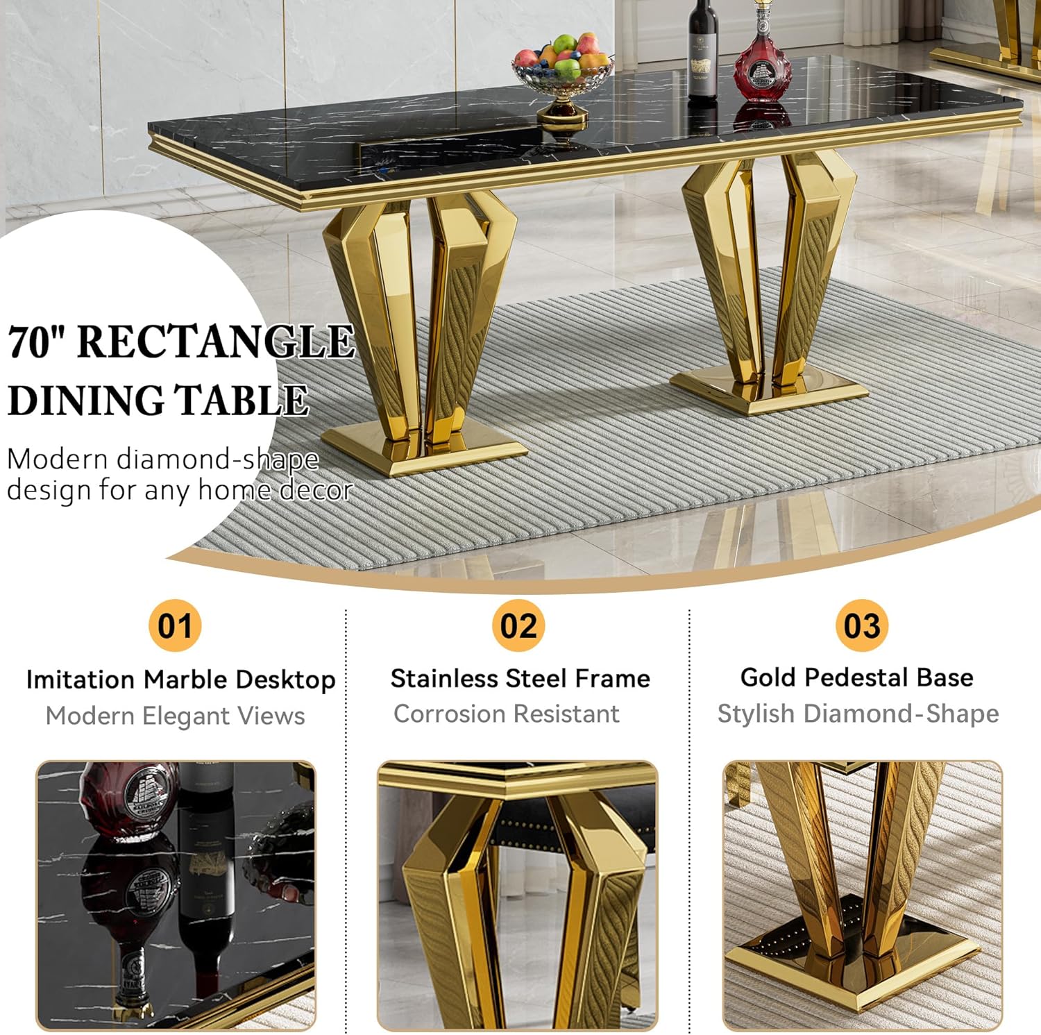 68" Faux Marble Dining Table Set for 6, Black Gold Dining Room Table with Stainless Steel Pedestal & 6 Black Velvet Dining Chairs, Modern Kitchen Table Chairs Set of 6, Luxury 7 Piece Dining Sets