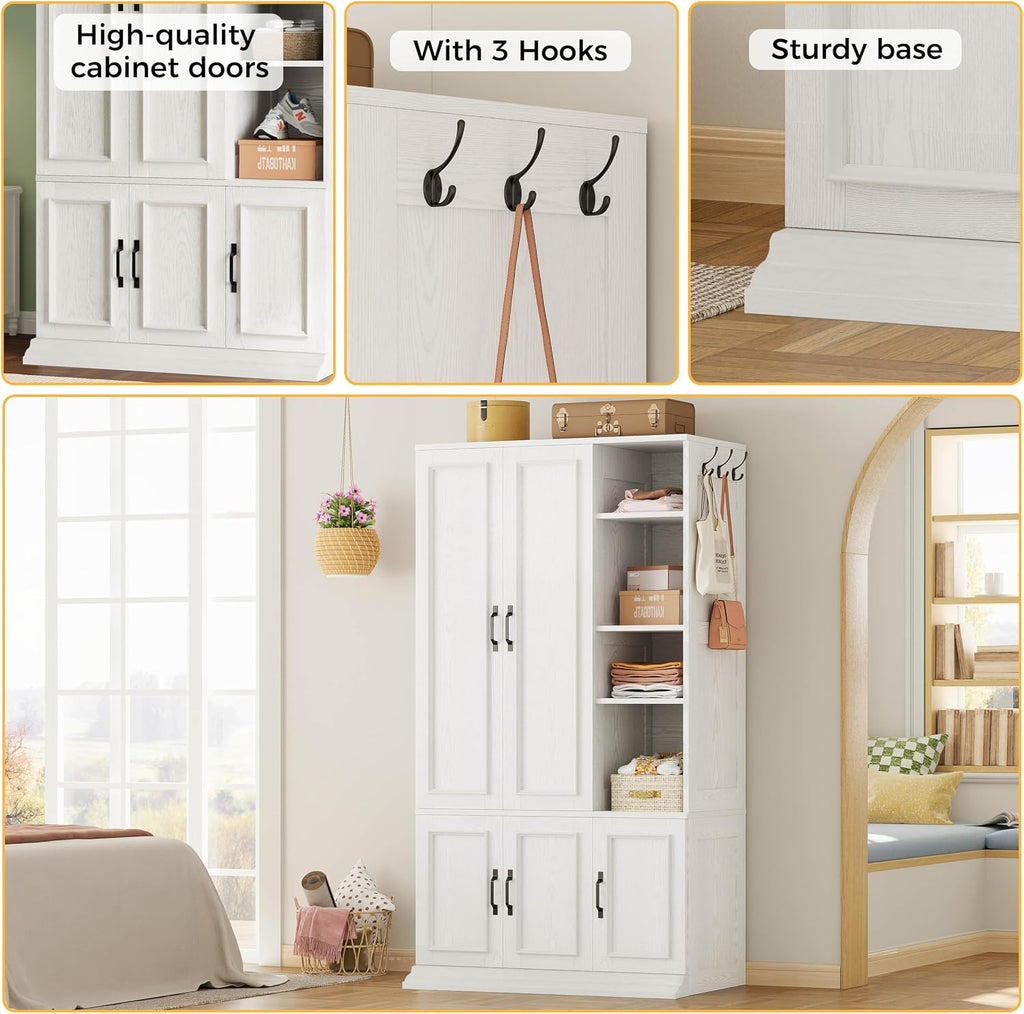 LIKIMIO Armoire Wardrobe Closet 70" H, 5 Doors for Bedroom, White | Wooden Wardrobe with 4 Storage Shelves and Hanging Rod, Clothing Storage Cabinet Organizer Combination